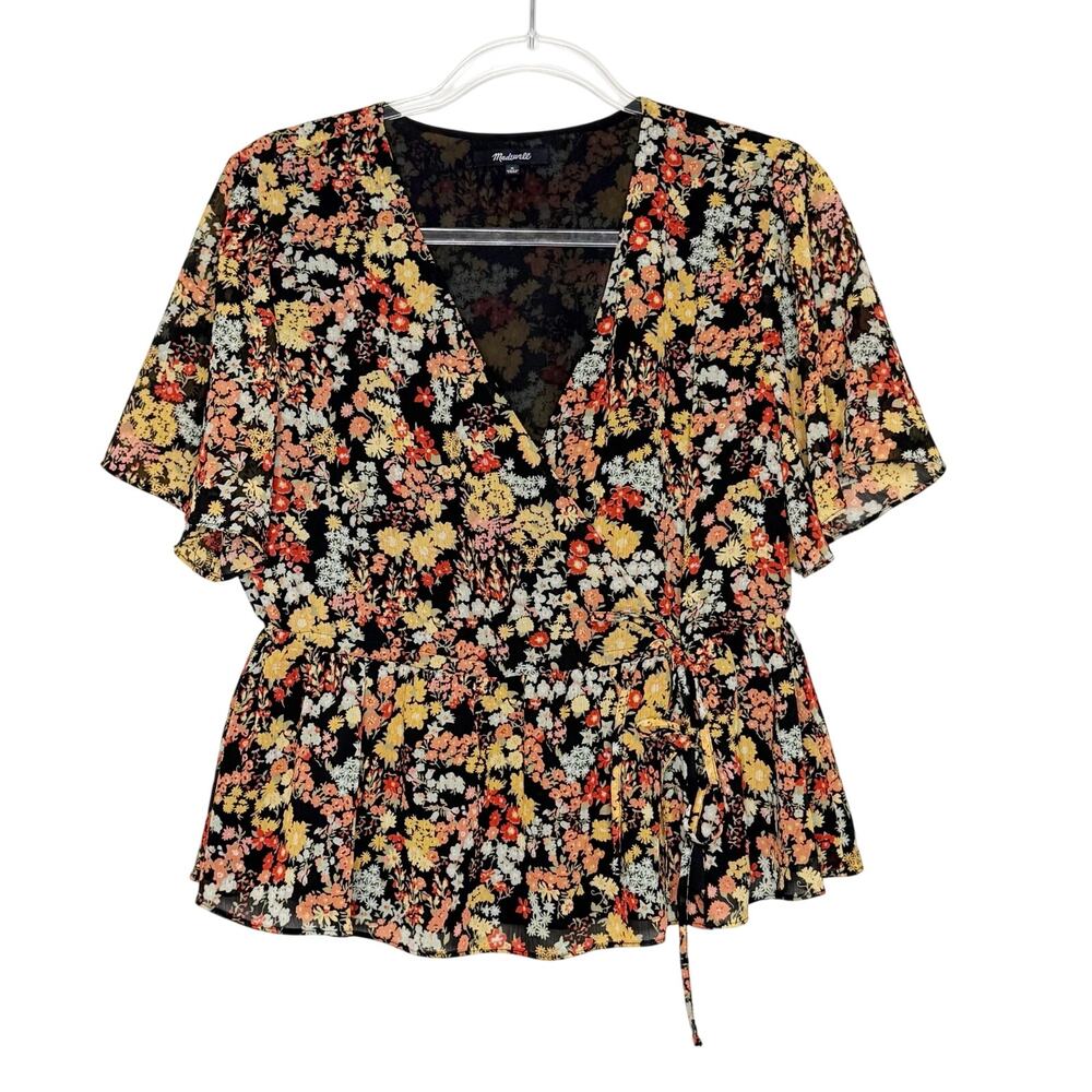 MADEWELL Short-Sleeve Peplum Wrap Top V-Neck Tie Waist Flower Garden Womens Sz M - Picture 3 of 8